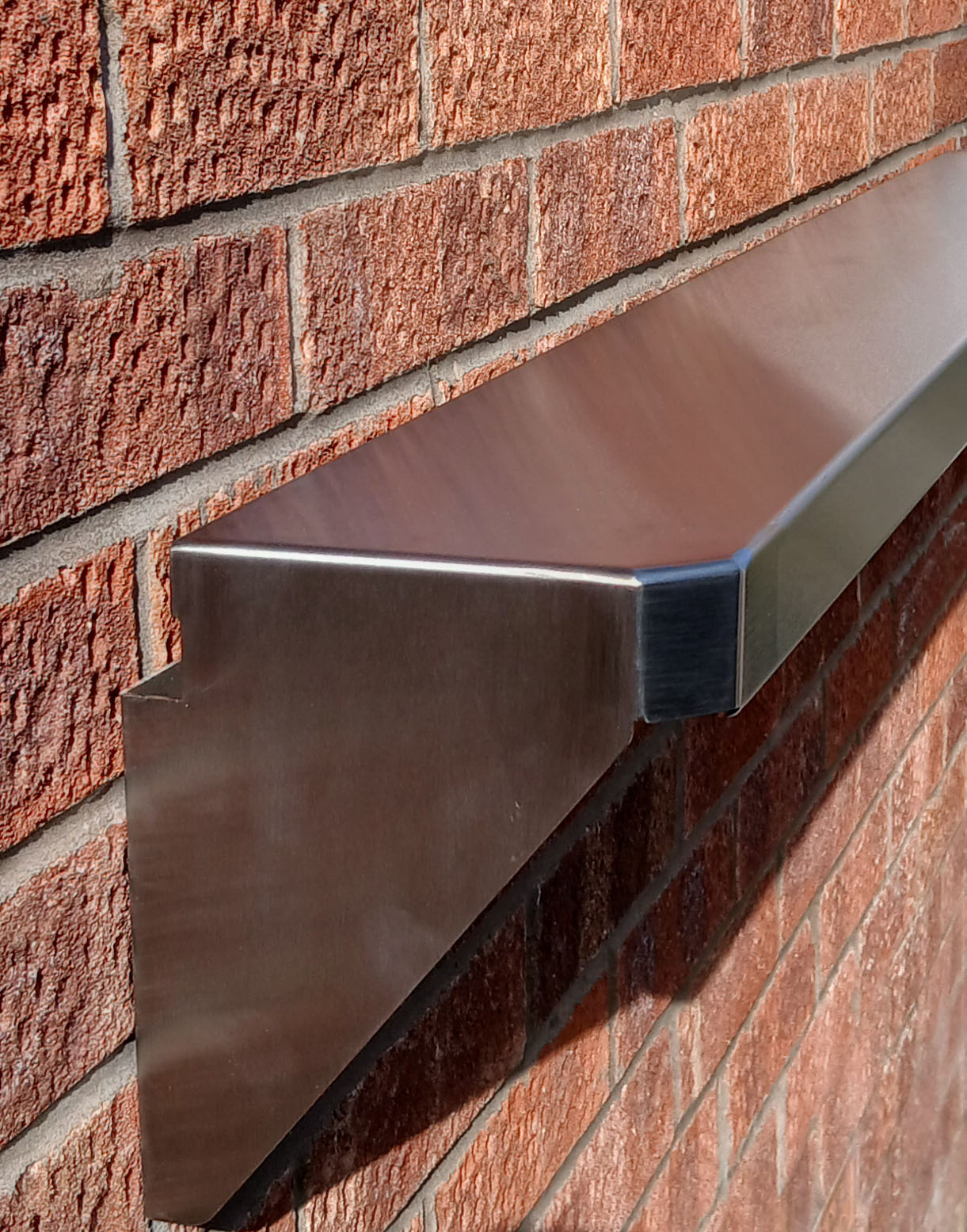 Wall-Mounted Stainless Steel Shelf Table Ledge for Fast Food. Safety Corner detail showing Narrow Slimline Profile