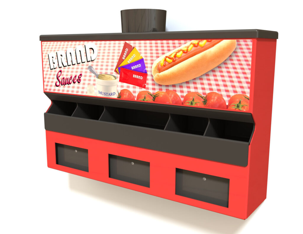 Wall-Mounted saucestation with Vinyl Graphic Sticket to the Upper Front Panel extending one third height