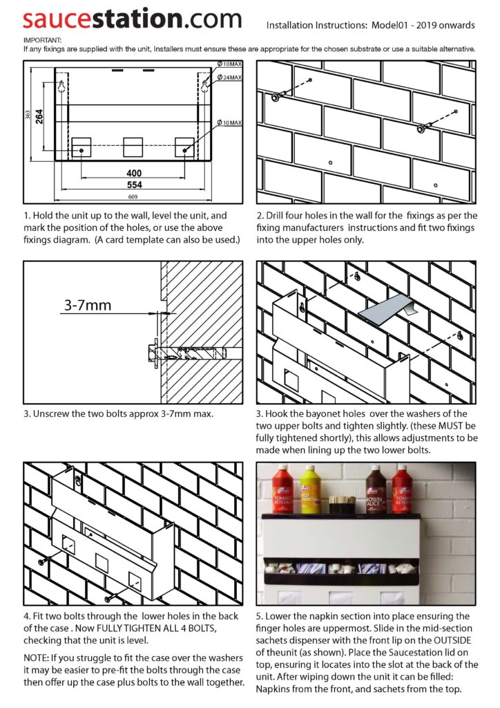 SAUCE STATION Installation instructions. A pdf copy can be downloaded by clicking the buttons immediately above or below the image