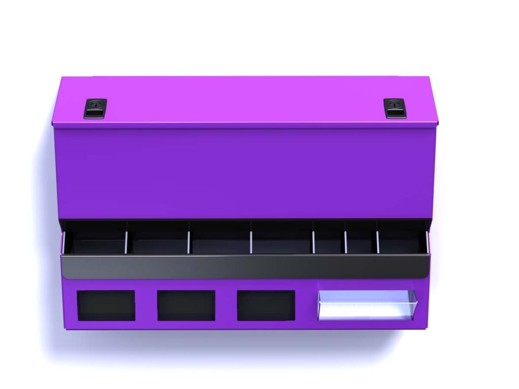 Saucestation 04c (Customised model 04) with high capacity condiment sachet dispenser,3 small Napkin dispenser , Steel Lid and Front Stirrer Tray